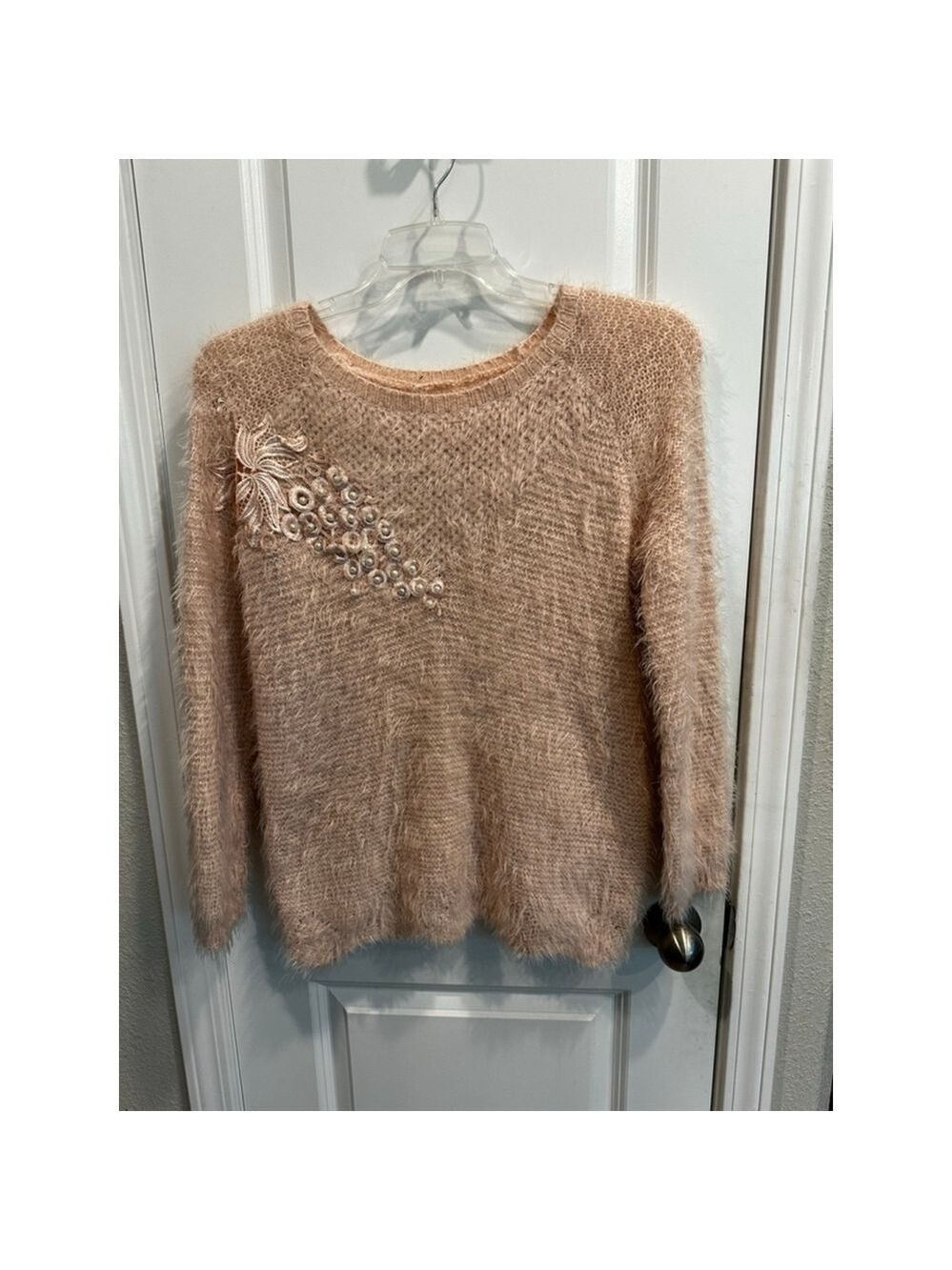 Light Pink Fuzzy Knit Sweater with Pearl Embellishment PTP 20